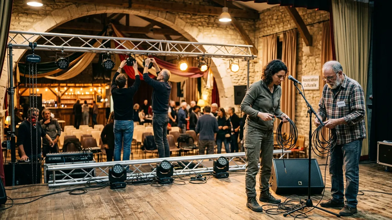 Techniciens et bénévoles préparant une scène de spectacle vivant en région Occitanie
